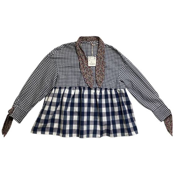 Zara Trafaluc Gingham Floral Neck Tie Back Buttons Babydoll  Small - Picture 2 of 8